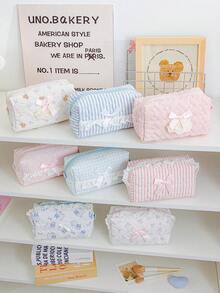 Carino borsa cosmetici imbottita in schiuma con motivo a griglia e a strisce, borse per il trucco con decorazioni in pizzo e fiocco, borsa per cosmetici con motivo a cartoni animati, borsa per cosmetici di grande capacità con cerniera, borsa per cosmetici a forma di cuore, borsa da toilette portatile, borsa da toilette a quadri - Multicolore - Visualizzare 2