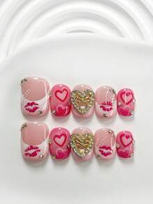 10pcs Romantic Valentine's Day Handmade Nail Art Set, Sexy Lip Nail Decor, Metallic Heart Nail Accessories, White & Pink Gel Nails, French Press-On Nails, Heart Pattern, Ombre Pink, 3 Shapes: Almond, Square, Coffin, Includes Tool Kit, Suitable For Sweet Ladies & Girls, Valentine's Day, Party, Daily Nail Care Nail Supplies Handmade Press On Nails - 彩色 - 查看 10