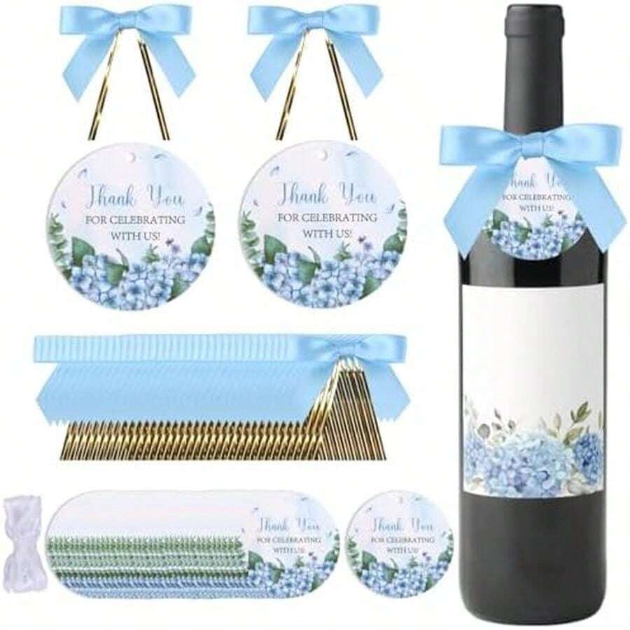 50 Set Blue Hydrangea Champagne Bottle Tags For Wedding Thank You Wine, Thank You Labels With Twist Tie Bows And Ribbon For Baby Bridal Shower, Birthday, Wedding, Party Supplies Gifts - 藍繡球 - 查看 1