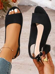 女士圆头舒适粗跟凉鞋，优雅搭扣黑色高跟凉鞋 - 黑色 - 查看 4