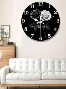 Relógio de Parede Elegante de Rosa Preto e Branco - Decoração Artística Silenciosa para Sala de Estar, Escritório ou Quarto de Hóspedes, Funcionamento a Pilha (AA não incluída), Relógio de Parede de Escritório | Relógio de Design Floral | Relógio de Parede de Madeira, Relógio de Parede para Sala de Estar - Multicolorido - Visão 1