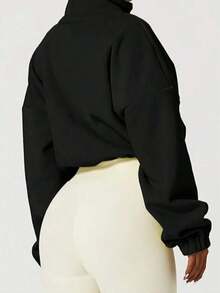 Women's Fleece Zip-Up Drawstring Waist Casual Sweatshirt, Elegant And Comfortable - màu đen - Xem 6