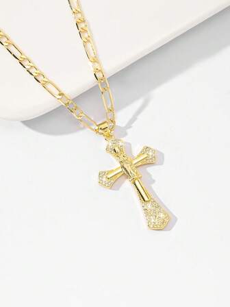  1pc European & American Classic Copper Inlaid Zirconia Jesus Cross Pendant Necklace, Limited Edition "Light Of Protection", Suitable For Christmas/Thanksgiving/Halloween/Mother's Day/Valentine's Day Gifts For Couples/Friends/Believers, Catholic First Communion, Gifts, Daily & Holiday Wear For Prayer