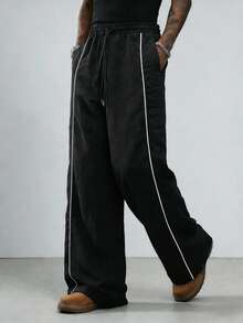 Pantalones casuales para hombres, diseño de rayas rectas, dobladillo con cordón, tela de nailon de secado rápido, pantalones anchos de corte holgado - Negro - Ver 10
