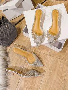 Women's Rhinestone Embellished Criss-Cross Peep Toe High Heel Sandals, Suitable For Various Occasions - Silver - View 6