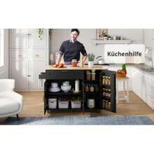 L132.5*W44 (70)*H90cm Large Mobile Kitchen Table, With Folding Top, Oak Pattern, Multifunctional Cabinet, Spice Rack, Towel Rack, Five Wheels, Ideal For Kitchen/Dining Room/Home.