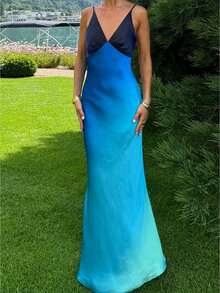 Women's Summer Slip Dress Gradient Color Sleeveless Spaghetti Strap V-Neck Backless Slim Long Dress - Blue - View 1