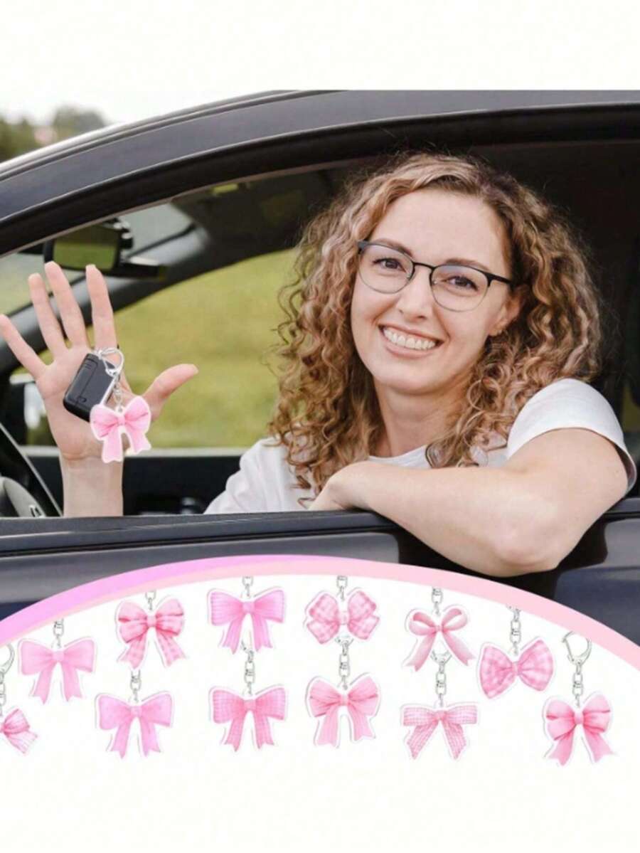 6/12pcs Pink Bow Acrylic Keychains, Baby Shower Party Favors, Gender Reveal Party Keychains, Bag & Phone Charms, Classroom Rewards, Cute Cartoon Baby Shower Party Decorations - Multicolor - View 1