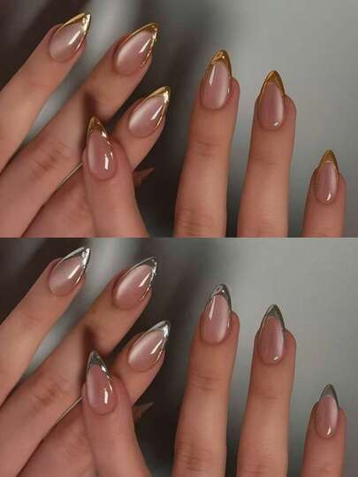 48pcs Handmade Almond-Shaped 3D Gel Nail Stickers, Create Cat Eye Nail Design, Silver French & Gold French Press-On Nail Strips, Almond-Shaped Perfect Fit Acrylic False Nail Set, Includes: 1pc Jelly Gel & 1pc Nail File, Cat Eye Nails & French Almond Nails, Suitable For Women's Daily Work, Festivals, Parties, Etc.