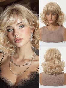 12英寸金色短卷发假发，带刘海，复古甜美风格，自然合成假发，适合女性日常、派对、婚礼和其他场合。 - 金色 - 查看 5