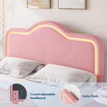 Base de Cama Tapizada con LED, Cabecera y Pie de Cama Ajustables, Cama Plataforma Princesa de Terciopelo para Niñas y Adolescentes, Soporte de Listones de Madera, No Requiere Resorte de Caja, Montaje Fácil - Reina rosa - Ver 5