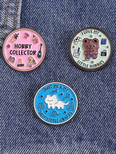 3 piezas Insignia de esmalte con diseño de animales lindos "Amo mis pequeños pasatiempos" - Broche de gatito y oso lindo para collar, joya regalo para amigos