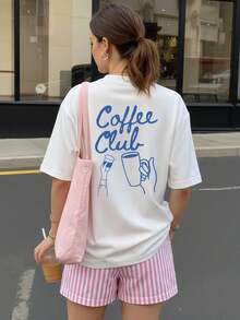 Coffee Club 印花宽松夏季女式短袖上衣，休闲服饰，夏季T恤，夏季衬衫，图案T恤，中国新年，农历新年，马年，春节，新年快乐，情人节，情人节礼物，送给她的礼物