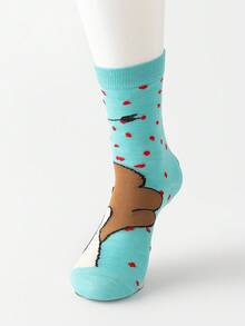 6 Pairs/4 Pairs/2 Pairs Unisex Blue Heart Kiss Pattern Mid-Calf Socks, Fashionable Combed Cotton Socks For Spring & Autumn - Multicolor - View 6