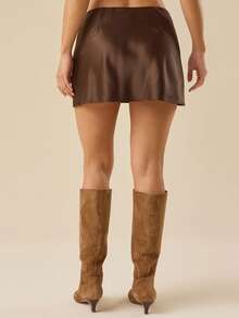 Womens Satin Mini Skirts Elastic High Waisted Skirts Silky Stain A-Line Zipper Party Club Skirt - 深棕 - 查看 5