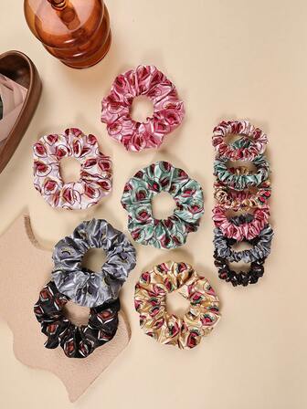 12pcs Peacock Feather Satin Print Hair Scrunchies, Vintage Small & Large Coil Combination Suitable For Women Braids & Ponytails Hair Accessories