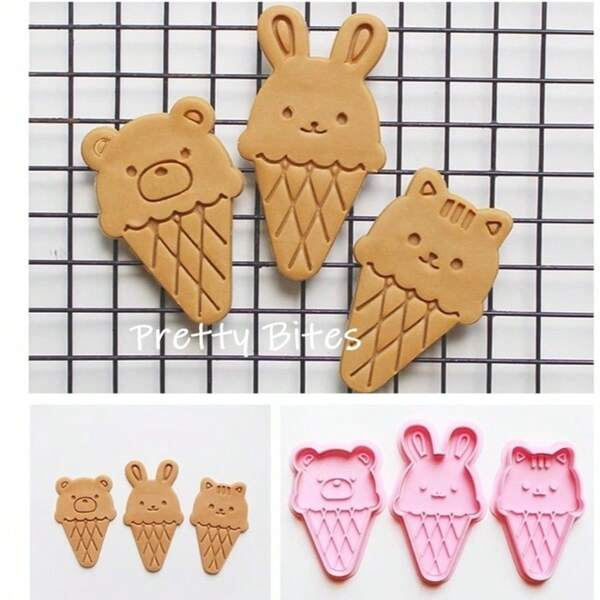 DIY动物冰淇淋造型糖霜饼干模具可爱兔子猫熊冰淇淋蛋筒饼干切割器印章翻糖装饰工具