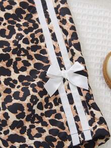 Set de 2 piezas de blusa con corbata de moño con estampado de leopardo y pantalones anchos casuales para niñas preadolescentes, primavera/verano - Blanco - Ver 5