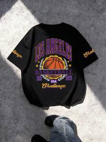 1pc Boys' Casual Cartoon Basketball Letter Print Round Neck T-Shirt, Soft Fabric, Vintage Los Angeles Basketball Graphic, Suitable For Daily Play, Leisure Outings And Spring/Summer Sports Gatherings - Black - View 5