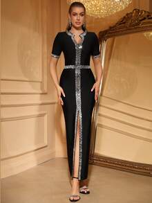 Love Aing 女士黑色正式礼服，手工镶嵌亚克力水钻，奢华优雅V领前开衩设计，适合婚礼、宴会、晚宴、商务场合、舞台表演等春季穿着。 - 黑色 - 查看 8