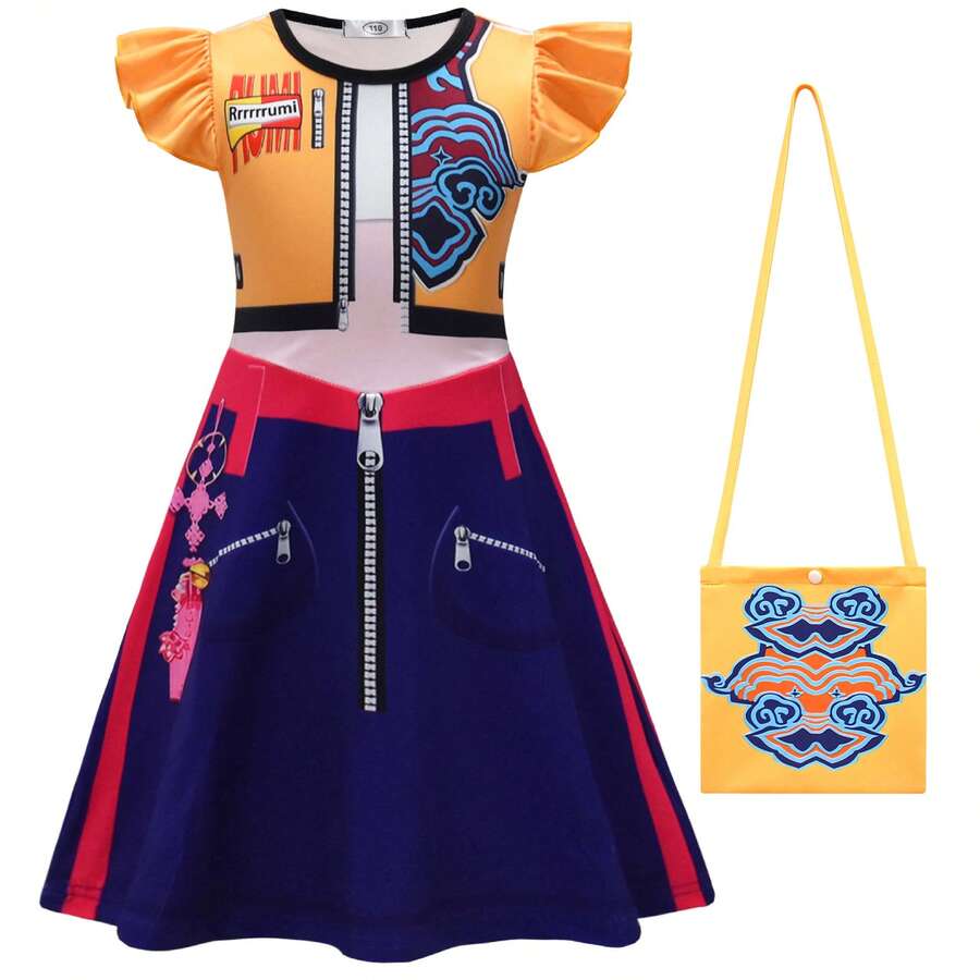3D Digital Print K-POP Inspired Cap Sleeve Dress For Kids - 26197 Dress + 82649 Bag - View 1