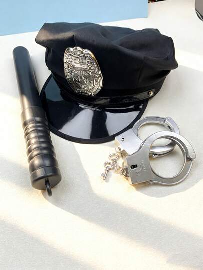 三件套：手铐+警棍+帽子，逼真的银色塑料手铐，道具，服装配饰，无需电池，适合狂欢节派对、活动和角色扮演 - 轻便易用