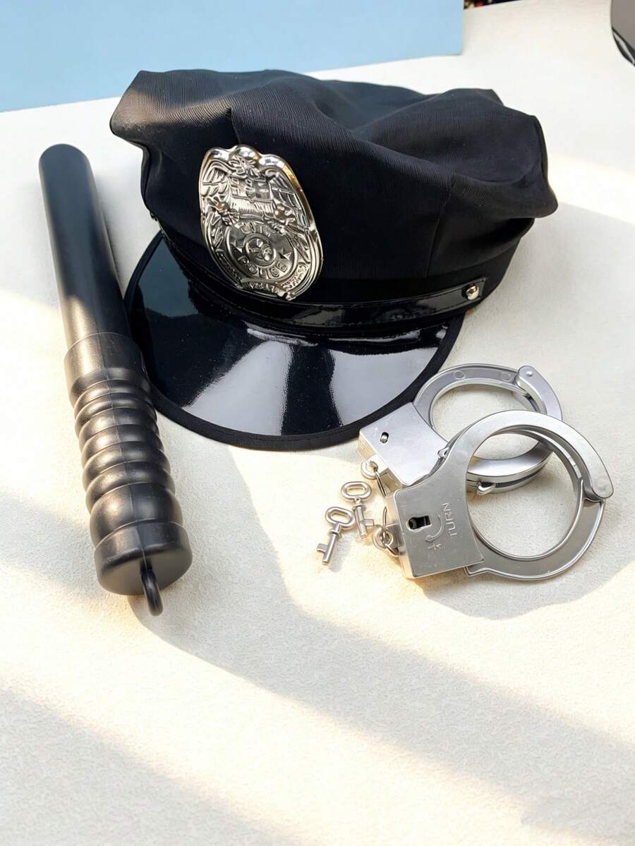 三件套：手铐+警棍+帽子，逼真的银色塑料手铐，道具，服装配饰，无需电池，适合狂欢节派对、活动和角色扮演 - 轻便易用 - 彩色 - 查看 1