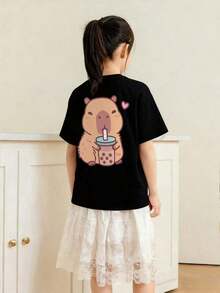 Camiseta de manga corta negra con cuello redondo y estampado casual para estudiantes de escuela de chicas y adolescentes, top de verano - Negro - Ver 2