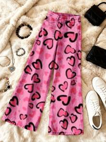 Women's Vintage Wide-Leg 3D All-Over Denim Pants With Pink Hearts & Black Outlines - Winter Warmth Long Trousers, Button Closure For Casual Outfits, Parties, And Daily Wear (Machine Washable) - Slim-Fit European/American Style - 彩色 - 查看 4