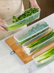 Recipiente de almacenamiento de alimentos de plástico reutilizable con tapa, caja organizadora rectangular para el refrigerador para cebollas, cilantro, ajo, pasta, huevos y talla grande, lavar a mano, esencial de cocina - 26*7,5*5,3 cm - Ver 2