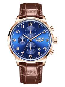 LIGE Men's Business Casual Watch Classic Three-Eye Clock Style Quartz Watch Waterproof Date Fashion Daily Wear, Gift Watch For Friends - Brown - View 16