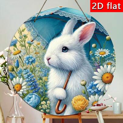 1 件精美木制兔子造型装饰牌，配有雨伞和花卉装饰，非常适合春季农舍风格装饰、墙面艺术，也是馈赠亲朋好友的理想之选，适用于家居、办公室、咖啡馆和酒吧装饰。
