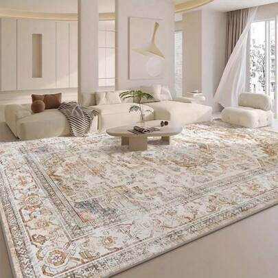 1 pieza Alfombra de área floral bohemia de lujo, adecuada para sala de estar, dormitorio, comedor y oficina - Forma rectangular, ribete dorado, diseño vintage, revestimiento de piso decorativo | Alfombra de estilo vintage, alfombra de sala de estar
