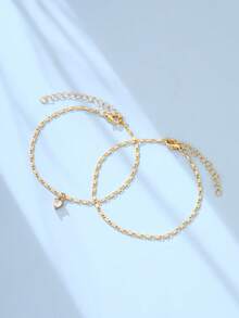 2pcs/Set Valentine's Day/Mother's Day Girl's Fashion Minimalist Heart-Shaped Copper Pendant Multilayer Bracelet Jewelry Gift