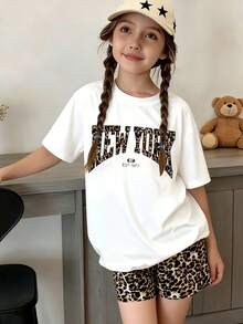 Áo thun tay ngắn in chữ và quần short họa tiết da báo dành cho bé gái tuổi teen, trang phục thường ngày - trắng - Xem 9