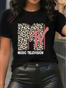 Women's MTV Graphic Tee Leopard Print Short Sleeve Crew Neck T-Shirt Casual Y2K Nostalgic Music Television Top - 黑色 - 查看 1