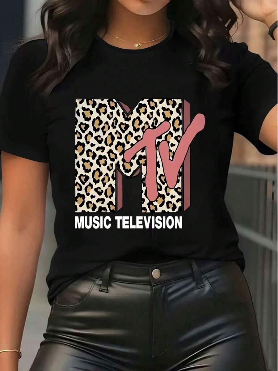 Women's MTV Graphic Tee Leopard Print Short Sleeve Crew Neck T-Shirt Casual Y2K Nostalgic Music Television Top - 黑色 - 查看 1