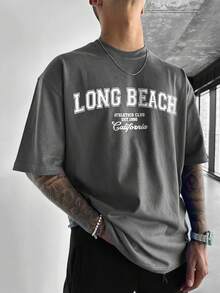 2025 男士夏季字母印花圆领短袖休闲T恤 - 深灰色 - 查看 2