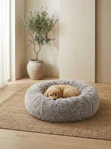 1pc Plush Round Pet Bed With Non-Slip Bottom, Winter Use For Small, Medium, And Large Dogs And Cats - Mocha Brown - View 5