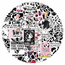 50pcs Cute Cartoon Cow Stickers, Black & White Animal Doodle English Decorative Envelope, Photo Album DIY Stickers - Multicolor - View 5