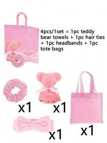 4pcs Spa Party Gift Set - Includes 3pcs 1pc Bear Towel, 3pcs 1pc Headband, 3pcs 1pc Scrunchie And 3pcs 1pc Tote Bag. Suitable For Spa Parties, Bachelorette Parties, Bridal Showers, Graduations, Valentine's Day, Birthdays, Afternoon Tea Parties, Weddings And Other Occasions. - Multicolor - View 10