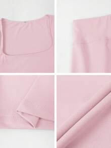 Bộ đồ thể thao nữ mùa thu, cổ vuông, tay dài, siêu ngắn, ôm sát, thích hợp cho thể thao, ở nhà và tập thể dục. - Hồng - Xem 11