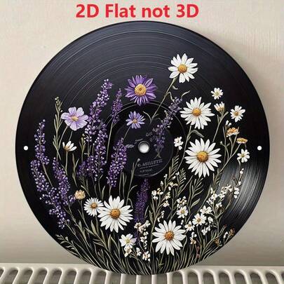 8x8 Inch Round Vintage Style Metal Vinyl Record Wall Art With Floral Design, Black Old Vinyl Record Theme, Suitable For Home And Garden Decor, Garden Wall Art | Retro Vinyl Record Design | Metal Sign, Metal Wall Art Decor, Pre-Drilled Holes For Room Decor, Style And Size As Shown In The Image