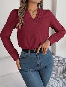 Women's Elegant Commuter Casual Solid Color V-Neck Long Sleeve Shirt, Spring/Summer - Burgundy - View 5