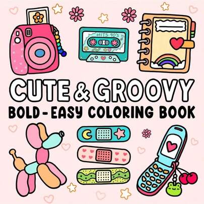 CUTE & GROOVY Retro Sweet & Cool Coloring Book - 50 Pages 260g Bold-Easy Minimalist Coloring Book, Nostalgic Cute Patterns, Adult Stress Relief Easy Coloring Creative Stationery, Suitable For Valentine's Day Gift
