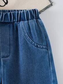 两件套女婴休闲时尚蝴蝶结刺绣短袖T恤上衣和3D蝴蝶结毛边牛仔长裤套装 - 粉色 - 查看 8