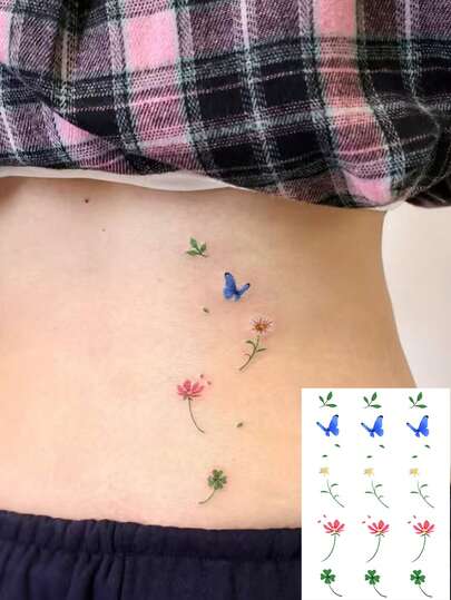 1pc Waterproof Colorful Floral & Butterfly Pattern Temporary Tattoo Sticker, Waist Side Mini Flower Combination Tattoo Decal, Cute & Lasting