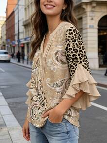 1 Women'S Floral & Paisley& Leopard Print Blouse - Button-Front Top With Three-Quarter Length Ruffle Sleeves, Non-See-Through Fabric For Everyday & Formal Events - Spring/Summer Blouse , Women'S Clothing - Khaki - View 3