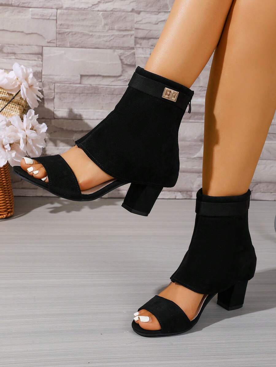 女士粗跟露趾踝靴，新款春夏高跟黑色裤筒凉鞋，时尚百搭露趾靴，女士夏季露趾靴，仿麂皮夏季凉鞋靴 - 黑色 - 查看 1