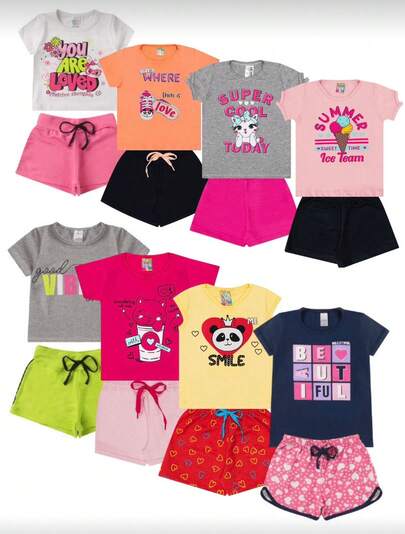 Kit 10 Peças Infantil Menina Juvenil Feminino 1 ao 8 - 5 Blusas + 5 Shorts Estampas Sortidas Leve para o Verão e Férias